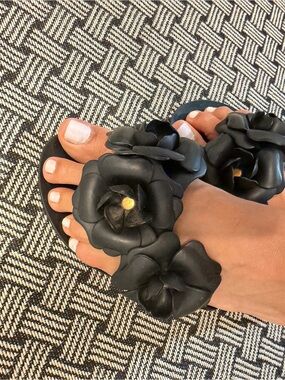 Melissa Black Floral Slide Sandals with Gold Accents